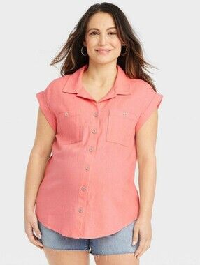 Isabel Maternity by Ingrid & Isabel Pinkish-Coral Button-Down (Size XS) Linen